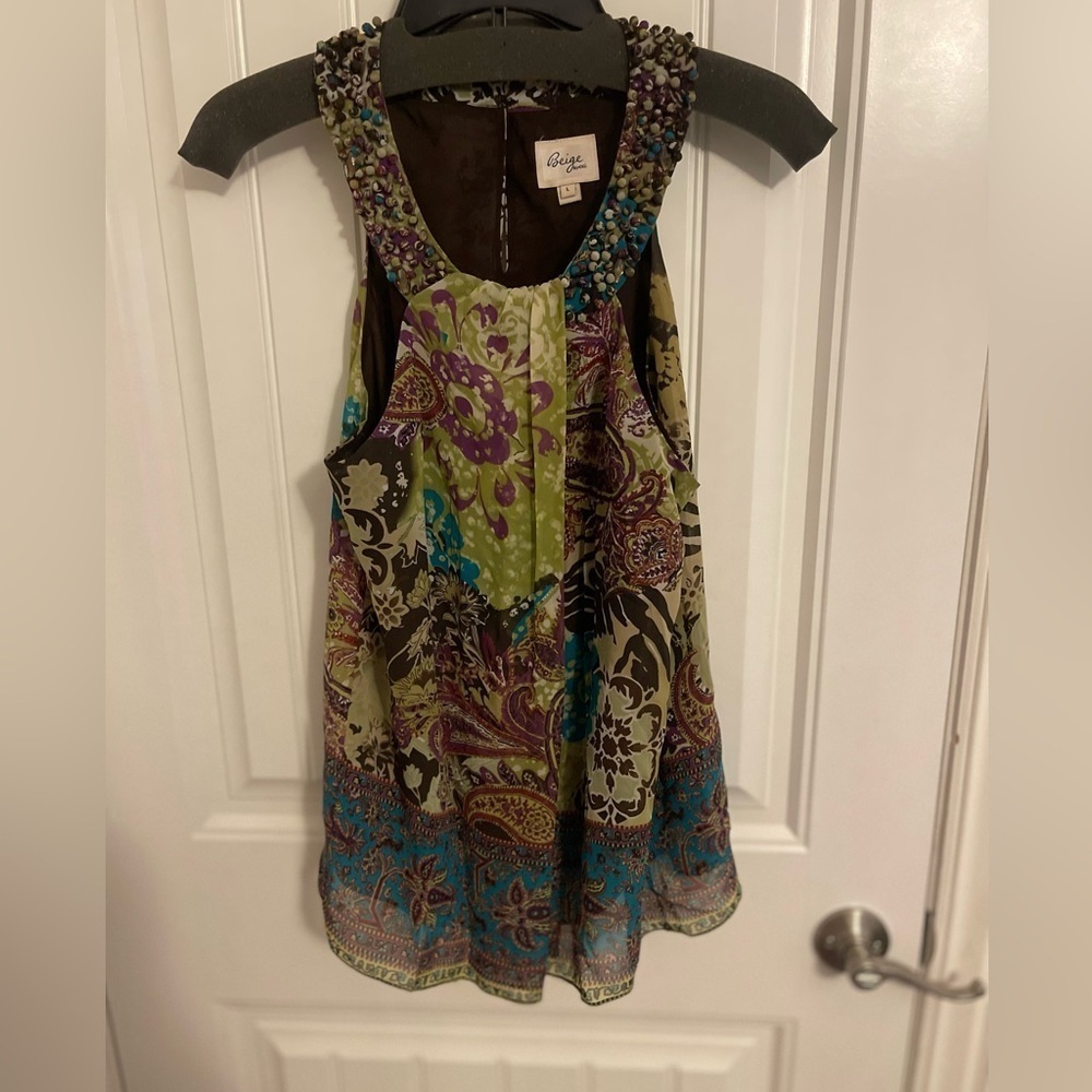 BOHO SLEEVELESS Beige by ECI choker fairy beaded, flowing blouse women’s L